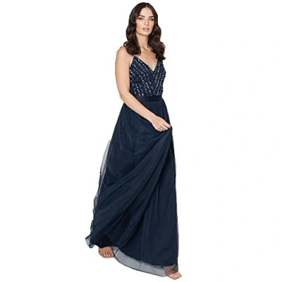 Afbeelding van Maya Deluxe Maxi jurk voor dames, lange lengte, bruiloftsgast, bruidsmeisje, gala, zomer, avondjurk, V hals, bandjes, vlinderdas, marineblauw, 32