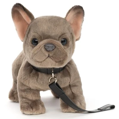 Afbeelding van Uni Toys Franse bulldog (grijs) met riem 26 cm (lengte) pluche hond, huisdier dier, knuffeldier