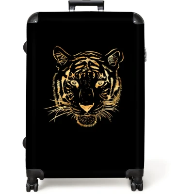 Afbeelding van NoBoringSuitcases.com® Koffer groot Reiskoffer lichtgewicht Tijger Dieren Goud Illustratie Zwart Rolkoffer met 4 wielen Grote trolley XL 98 liter bagage