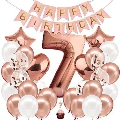 Afbeelding van Verjaardag Decoratie Meisje Rose Goud Nummer 7e Gelukkige Slinger Folieballon 7 Ballon van Kinderen