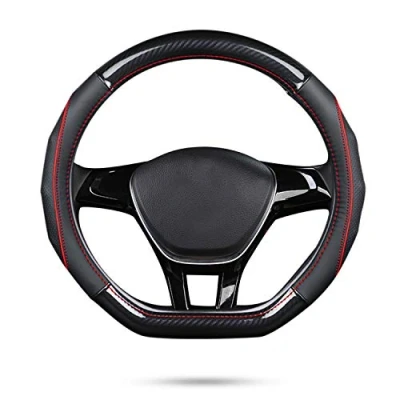 Afbeelding van Ergocar Stuurhoes voor auto, koolstofvezel en koeienhuid, eerste laag, antislip, diameter 38 cm (15 inch) (D zwart rood)