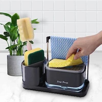 Afbeelding van Afwasmiddeldispenser, keukenset, spoelbak organizer, zwart met dienblad en sponshouder, navulbaar, geschikt voor keukenspoelbak