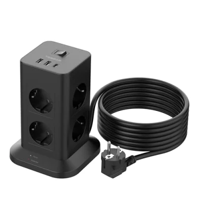 Afbeelding van TESSAN 8 Voudige Stekkerdoos met 2 USB A en 1 C, Verlengkabel Meerdere Stekkers 5M, Schakelaar voor Thuiskantoor, Meervoudige Overspanningsbeveiliging 3600W 16A, Zwart