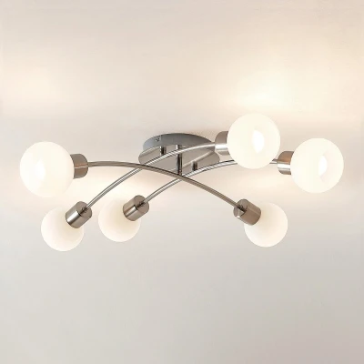 Afbeelding van Lindby plafondlamp 6lichts ijzer, glas H: 18 cm E14 gesatineerd nikkel, wit