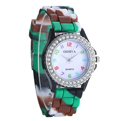 Afbeelding van JewelryWe Horloges voor dames, analoog, kwarts, polshorloge, strass, camouflagepatroon, casual horloge met siliconen armband, zwart, Riemen.