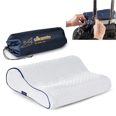 Afbeelding van alkamto Reiskussen Ergonomische neksteun Camping Memory Foam Kussen met Temperatuurregulerende Kussensloop Inclusief Waterdichte Reisdraagtas