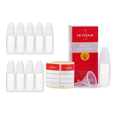 Afbeelding van Octopus 10 x ml vloeistofflessen met trechter + etiketten, bijv. voor e liquids sigaretten, plastic flessen van PE LDPE, vloeistofdoseringsflessen, druppelflessen of knijpflessen witte doppen