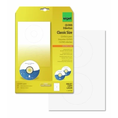 Afbeelding van SIGEL LA525 CD /DVD etiketten wit, ondoorzichtig, 50 = 25 vellen, met centreerhulp, ClassicSize 41 mm binnengat