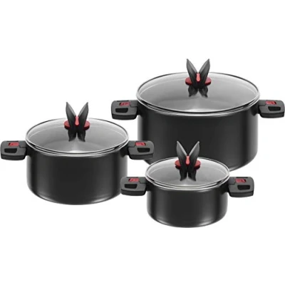 Afbeelding van BALLARINI Pannenset, 3 delig, incl. glazen deksels, anti aanbaklaag, aluminium/kunststof handgrepen, Click &amp; Cook, zwart