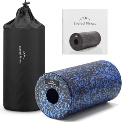 Afbeelding van EVEREST FITNESS fasciarol 30 cm middelhard in set met gratis oefenboek zwart/blauw professionele voor de rug en wervelkolom schuimroller massagerol inclusief tas