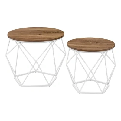 Afbeelding van VASAGLE Ronde salontafel, set van 2, bijzettafel, moderne stijl, afneembaar blad, stalen frame, voor woonkamer, honingbruin en wolkenwit LET040K41