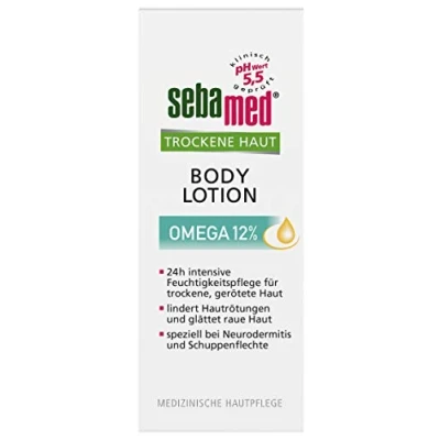 Afbeelding van Sebamed droge huid omega 12% lichaamslotion, verlicht merkbaar roodheid, ruwheid en schilfering, is speciaal geschikt voor neurodermitis psoriasis