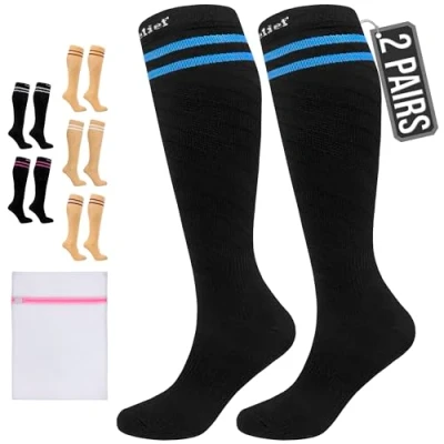 Afbeelding van 360 Relief Compressie Sokken klasse 1 voor Mannen en Vrouwen 15 20 mmHg Steunkousen langeafstandsvluchten, reizen, sporten, hardlopen, wandelen 2 Paar Compression Socks L/XL Zwart met wasnet