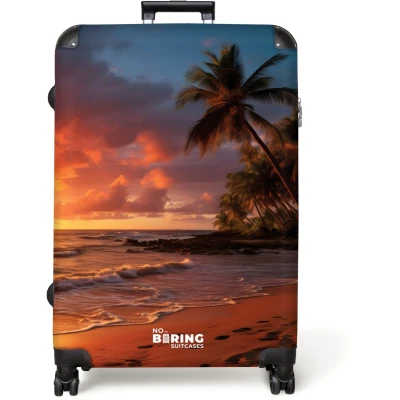 Afbeelding van NoBoringSuitcases.com® Koffer groot Reiskoffer lichtgewicht Strand met palmboom bij zonsondergang Rolkoffer 4 wielen Grote trolley XL 98 liter bagage
