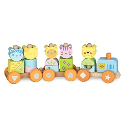 Afbeelding van Navaris houten speelgoedtrein Voor kinderen Blokken met dieren en getallen jongens meisjes Vanaf 18 maanden Kleurrijk tijger design
