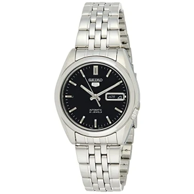 Afbeelding van Seiko SNK361K1 5 Herenhorloge Automatisch Analoog Zwarte wijzerplaat Grijze stalen band, Zwart/Grijs, Klassiek