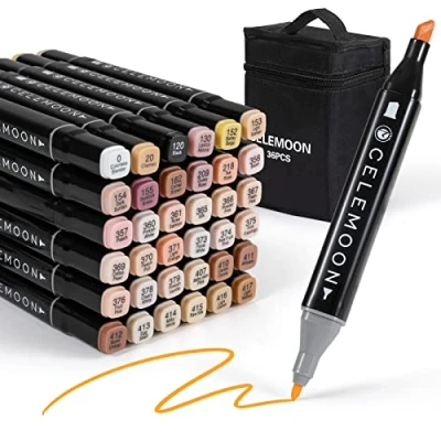 Afbeelding van CeleMoon 36 huidskleuren dubbele tip alcohol markers, schetskunst marker, op gebaseerde markers voor kleuren, illustratie, middentoon huidtint en haartinten markeerset