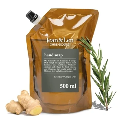 Afbeelding van Jean&amp;Len Rosemary en Ginger Handzeep, reinigt belaste handen, voor dagelijks gebruik, vloeibare zeep in navulverpakking, zonder parabenen, siliconen microplastic, 500 ml
