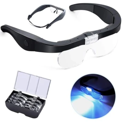 Afbeelding van Hoofdvergrootglas met 2 led verlichting, USB oplaadbare vergrootglazen bril handsfree voor hobby&#039;s lezen handwerk dichtbij werk, 4 afneembare lenzen 1,5 x, 2,5 3,5 5 x vergroting