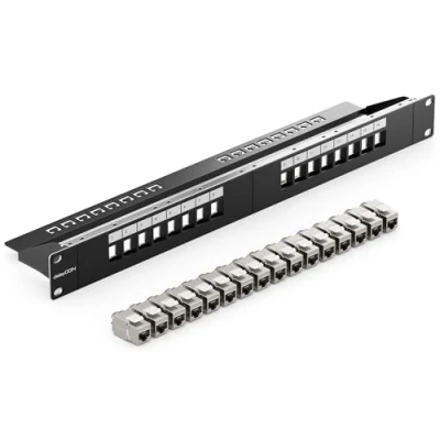 Afbeelding van deleyCON 16 Poorts CAT 7 Patchpaneel SET Distributie Paneel Modulair 1 U 19&quot; Inch Rekinstallatie + 16x Keystone Modules RJ45 LAN Netwerk 10 Gbit/s 600 MHz Installatiekabel Zwart