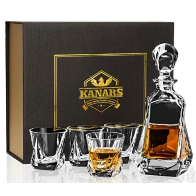 Afbeelding van KANARS Whisky Glazen en Karaf Set, 650 ml Kristallen Whiskey Decanter met 4x210 Whiskyglas voor Martini, Scotch, Cocktails, Cognac, Whisky, Wodka, Mooie Geschenkdoos, Set van 5 Stuks