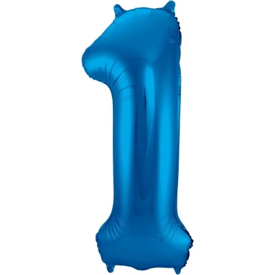 Afbeelding van Ballon Cijfer 1 Jaar Blauw 36Cm Verjaardag Feestversiering Met Rietje