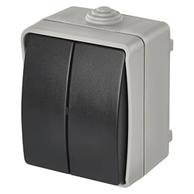 Afbeelding van EMOS Waterdichte serieschakelaar met 2 wippen, dubbele schakelaar voor verlichting, grijs zwarte kleur, 250 V/10 AX, kunststof, opbouw wandmontage, beschermingsklasse IP54 buiten