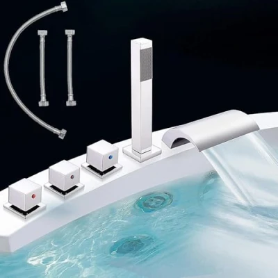 Afbeelding van Melko Badkuipkraan badrand 5 gaats badrandarmatuur chroom badkamer armatuur set met waterval inlaat en handdouche