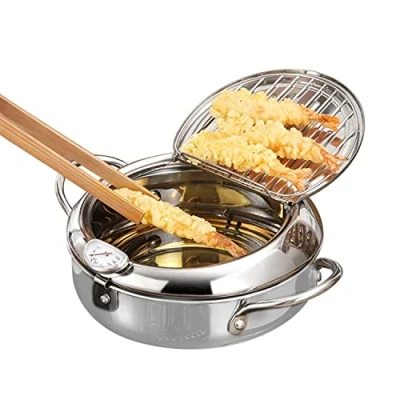 Afbeelding van Tempura friteuse, 20 cm/7,9 inch koekenpan, Japanse van roestvrij staal, antiaanbaklaag, met temperatuurregeling, deksel en oliedruk voor kip, frituurgarnalen