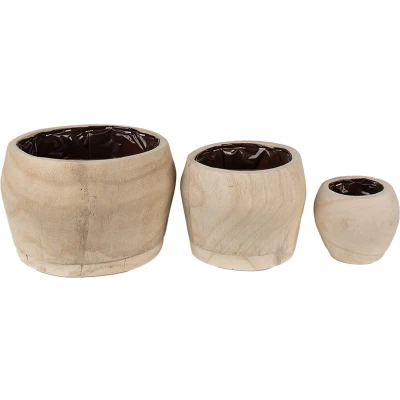 Afbeelding van Clayre &amp; Eef Bloempot Set van 3 Ø 24 18 12 cm Bruin Hout Rond Plantenpot