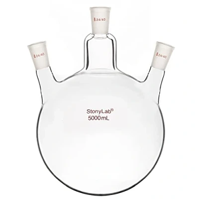 Afbeelding van stonylab Glazen Zware Muur 3 Nek Rond Bodem Kolf RBF, met 24/40 Centrum en Kant Standaard Taps Toelopende Buitenver Binding, 5000 ml