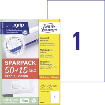 Afbeelding van Avery Zweckform 6603 Universele etiketten 210 x 297 mm Papier Wit 65 stuk(s) Permanent hechtend Laser (kleur), (zwart/wit)
