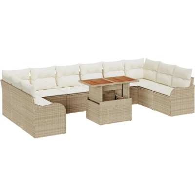 Afbeelding van vidaXL 11 delige Tuin Sofa Set met Kussens Beige Poly Rattan, 2 zitter Opbergruimte &amp; Rattan