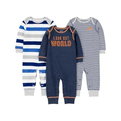 Afbeelding van Simple Joys by Carter&#039;s Set van 3 jumpsuits voor babyjongens, grijs, meerdere strepen, marineblauw gestreept, 6 9 maanden