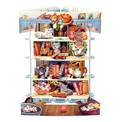 Afbeelding van SANTORO Swing Card, 3D Pop Up Wenskaart Cats In The Library Voor Haar, Mam, Boek &amp; Kattenliefhebber, Verjaardag, Moederdag