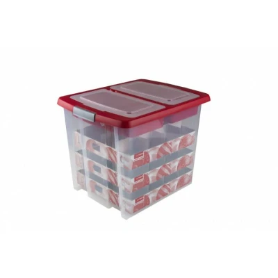 Afbeelding van SUNWARE Nesta Kerstbox 45 Ltr met trays voor 48 kerstballen (Ø70 80mm) transparant/rood