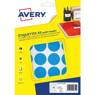 Afbeelding van Avery PET30B ronde markeringsetiketten, diameter 30 mm, blister van 240 stuks, lichtblauw markeringsetiketten