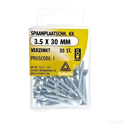 Afbeelding van Spaanplaatschroef Platkop. Kruiskop 3,5 x 30 mm. Lang. Verzinkt. DELTAFIX.