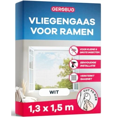 Afbeelding van GEROBUG vliegengaas voor ramen, zonder boren, 130 x 150 cm, 1 stuk, wit, fijnmazig met plakstrip, insectenbescherming, raam, muggennet raam