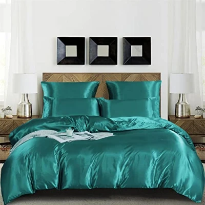 Afbeelding van Damier 3 delige set, glanzend turquoise, 220 x 240 cm, hoogwaardig satijn, dekbedovertrek met ritssluiting en 2 kussenslopen 80 cm