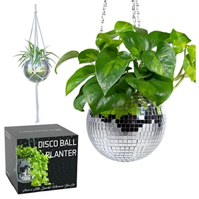 Afbeelding van discobal bloempot Spiegelbal hangende bloempotten, planten, decoratieve overpot macramé, cadeau voor vriendin Disco bal 15 cm zilver