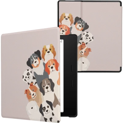 Afbeelding van kwmobile E reader hoesje geschikt voor Amazon Kindle Oasis 10. Generation hoes flip case met magnetische sluiting Ereader cover Grappige Honden design in bruin / wit taupe