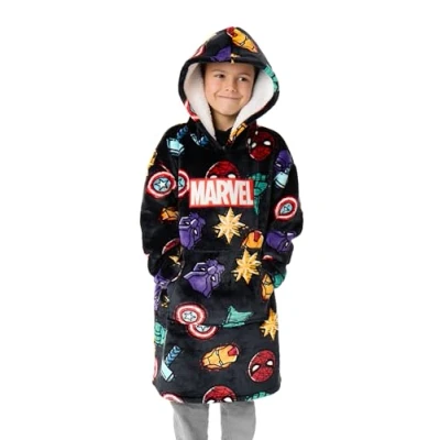 Afbeelding van Marvel jongens draagbare deken hoodie Fleecetrui met capuchon voor kinderen in donkergrijs all over print van Super Hero iconen Loungewear sherpavoering en zakken Comics