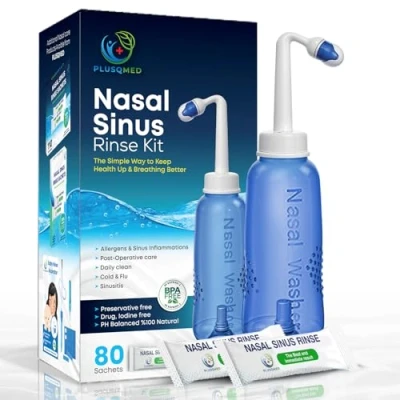 Afbeelding van PLUSQMED Neti Pot, Sinus Rinse Kit, Voorgemengde Sachets 80 STKS, Pot 300 ml, Nasale wassen
