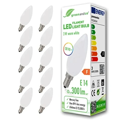 Afbeelding van 10 stuks greenandco® CRI90+ LED lamp vervangt 28 Watt E14 kaars mat, 3W 300 Lumen 2700K warm wit 360 230V AC glas, niet dimbaar, flikkervrij