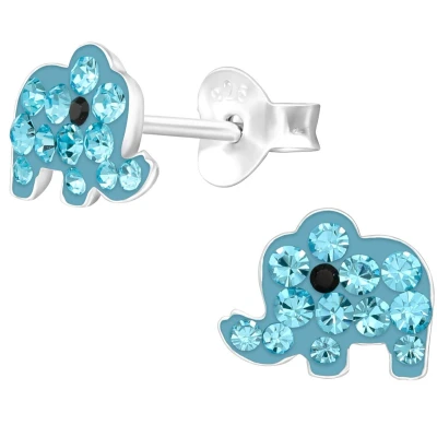 Afbeelding van JoyS Zilveren olifant oorbellen blauw met kristal 8 x 6 mm kinderoorbellen