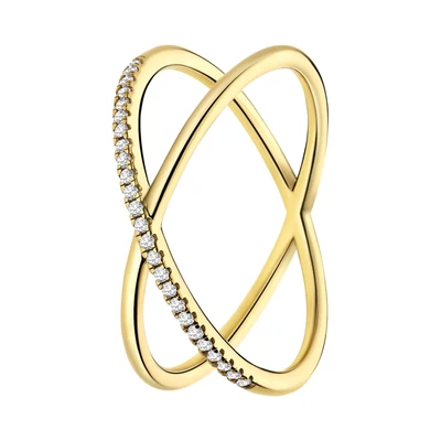 Afbeelding van Lucardi Dames Zilveren goldplated Ring gekruist met zirkonia 925 Zilver Goudkleurig 18 / 57 mm