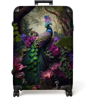 Afbeelding van NoBoringSuitcases.com® Koffer groot Reiskoffer lichtgewicht Pauw Jungle Bloemen Natuur Rolkoffer met 4 wielen Grote trolley XL 98 liter bagage