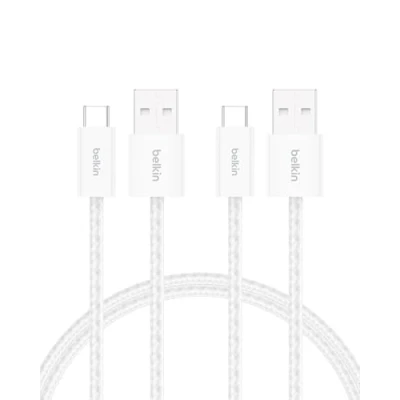 Afbeelding van Belkin 2 Pack Gevlochten USB A/USB C Kabel, 1,5M, 15 W zachte, flexibele A to Type snellaadkabel voor iPhone 16 en series, Galaxy S25, Pixel 9, iPad Pro meer wit