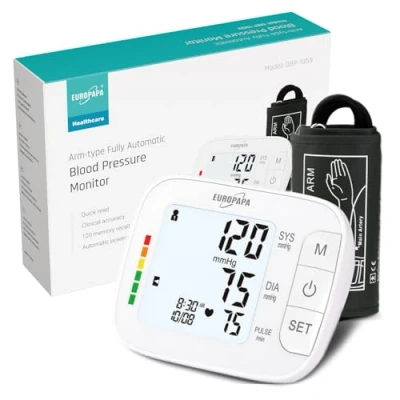Afbeelding van EUROPAPA Bloeddrukmeter, bovenarm voor thuisgebruik, hartslagmeting, bloeddrukmeting met grote manchet (22 42 cm), 2 x 60 geheugen, dual user (wit)